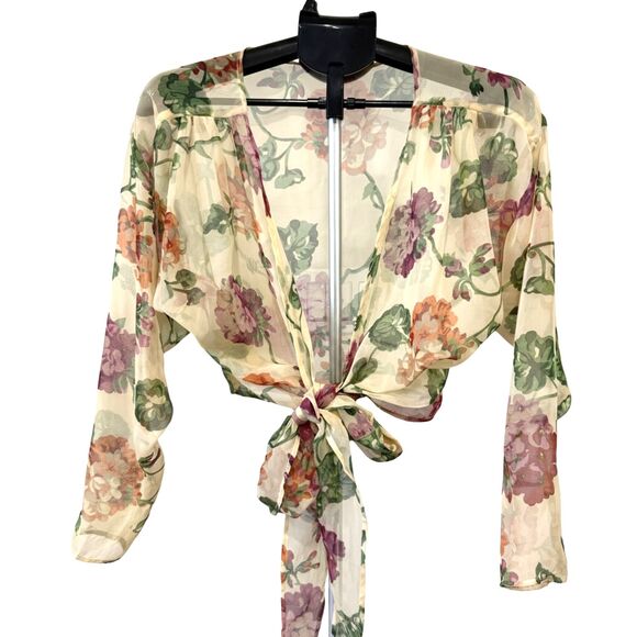 Vintage 1980s Betsey Johnson Sheer Floral Tie Front Blouse Shrug Size Small - Picture 1 of 9